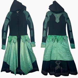 Phoenix Rising Black Green Duster Kaftan Coat Dress Starduster Leather Painted